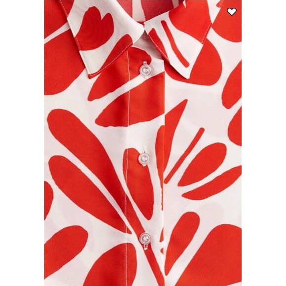 HM Red White Floral Pattern Loose Fit Short Sleeve Twill Top Drawstring Shorts L - Picture 8 of 11